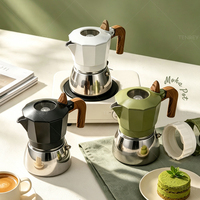 Cafetière Moka Tenrey 2 tasses à double valve en aluminium et acier inoxydable pour cuisinière, avec poignée en bois, pour un café riche en crème et un expresso parfait