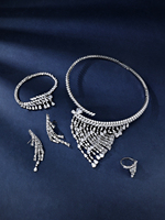 Ensemble de bijoux de luxe pour mariage et fiançailles, plaqué rhodium, zircon, laiton, collier, boucles d'oreilles et bague classiques en trio