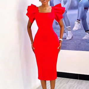 Vestido de cadera profesional de oficina elegante con manga voladora de color sólido a la moda para mujer - Product Image 4