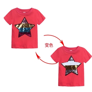 Enfants été nouveau 2024 Sequin Flip couleur changement visage dessin animé coton T-<span class=keywords><strong>shirt</strong></span> pour garçons et filles mode ventilateur Base chemise - Product Image 2
