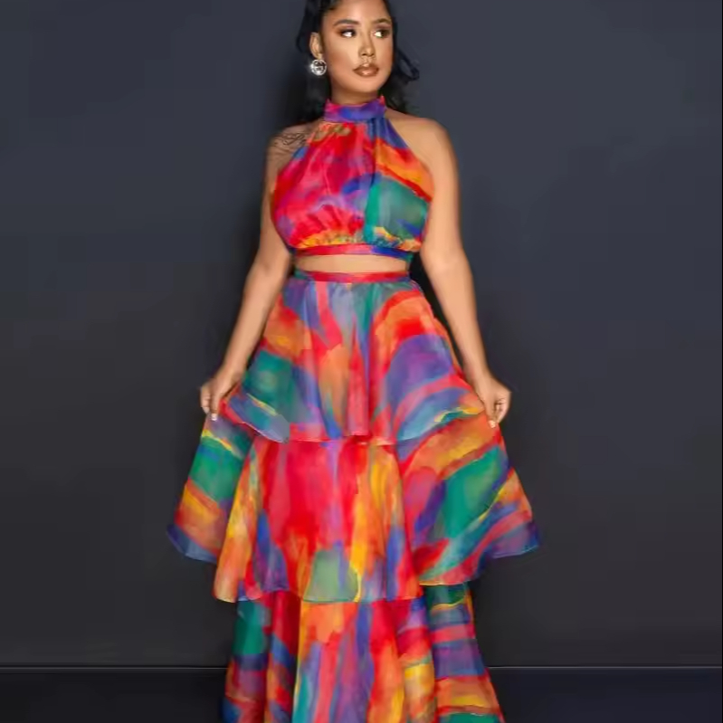 Fashion Wholesale 2 Piece Sleeveless Crop Top and Maxi Skirt Sets Layered  Floral Ruffle Cake Women Dress