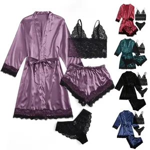 NANTEX 4 Pcs Sets Lace Silk Short Sleepwear Satin Pajamas Women Pajamas Satin Pjs Satin Pijama