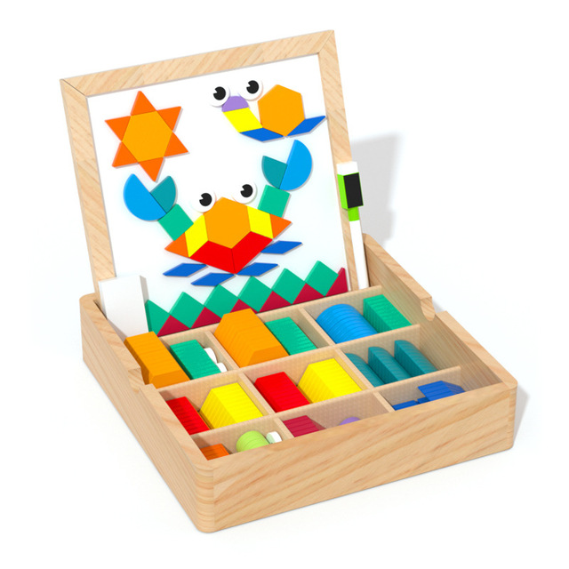 Children's Creative Wooden Drawing Board Changeable Geometric Building Blocks Assembly Puzzle for Ages 5 to 7 Years