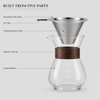 Carafe en verre pour cafetière à filtre avec col en bois, filtre en maille réutilisable en acier inoxydable, sans papier filtre, pour café filtre