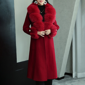 Manteau long en laine cachemire pour <span class=keywords><strong>femme</strong></span>, élégant, avec col en <span class=keywords><strong>fourrure</strong></span> de renard duveteuse, double face, en laine rouge - Product Image 4