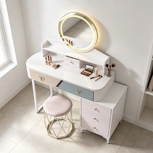 Modern <b>Makeup</b> <b>Vanity</b> With Lighted Round <b>Mirror</b> Storage Drawers Bedroom Dressing Table With Stool - Product Image 2