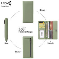 Dompet Panjang Tipis Kulit PU Anti RFID untuk Wanita, Tempat Kartu Kredit Ultra Tipis, Penutup Ritsleting, Warna Solid, Poliester