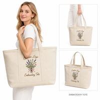 Tas Tote Kanvas Katun Bordir Logo Kustom Bordir Bunga Tas Belanja Kanvas Tahan Lama Dapat Digunakan Kembali untuk Wanita