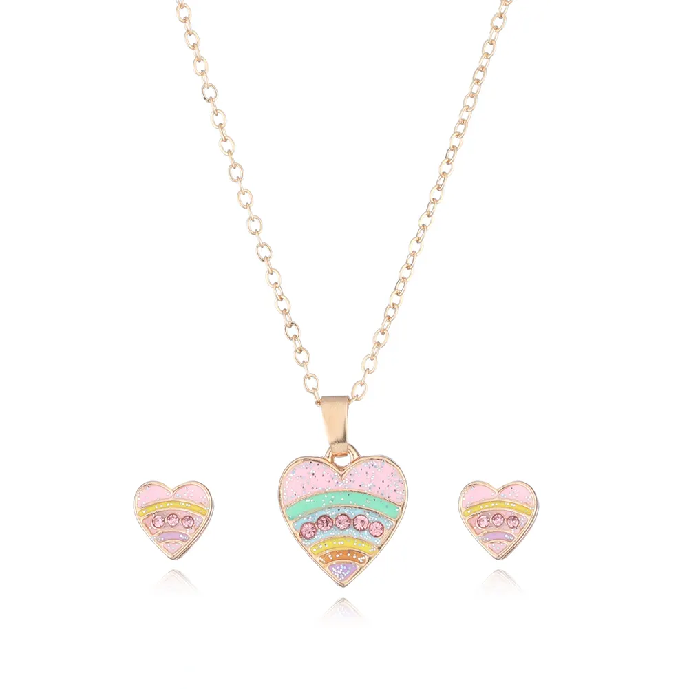 Children kids little young girls jewelry set cute heart necklace set with earrings