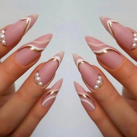 Faux Ongles en Gel 2026 Style Ciel Étoilé, Longs Amande à Coller, Base Nude Bleu Marine avec Paillettes Étoiles Dorées, Faux Ongles Acryliques