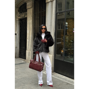 Abrigo largo de piel sintética negra con cremallera, diseño vintage estampado, blazer de seda y lana, decoración con botones de cristal, algodón color camel. - Product Image 3