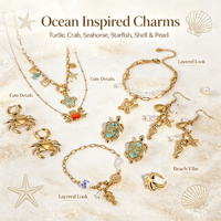 Bijoux Océaniques en Acier Inoxydable : Collier, Bracelet, Boucles d'Oreilles et Bague Tortue, Crabe, Hippocampe, Étoile de Mer, Coquillage – Étanche, Cadeau Idéal pour Femme, Plage
