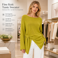 Pull en maille vert automne pour femme, col bateau, ourlet asymétrique, manches longues drapées, tunique décontractée