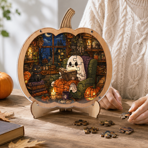 Rompecabezas de madera con forma de calabaza, escena de fantasma, esqueleto y bruja, adornos de escritorio de Halloween, juego de ensamblaje DIY espeluznante para otoño, decoración. - Product Image 2