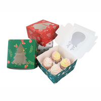 Boîte cadeau pour cupcakes de Noël à 4 cavités avec fenêtre, ruban, motif bonhomme de neige et renne, papier artistique recyclable, pliable