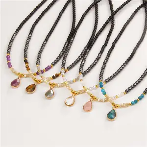 Fashion 4mm Black Hematite Bead Jewelry Colorful Natural Stone Crystal Faceted Thin Bead Birthstone Water Drop Clavicle Necklace