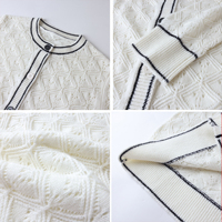 Cardigan en tricot ajouré blanc personnalisé pour femme, col en V contrastant, boutonnage frontal, manches longues, motif pointelle, vente en gros directe usine