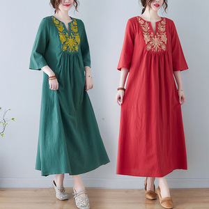 <span class=keywords><strong>Robe</strong></span> mi-<span class=keywords><strong>longue</strong></span> pour femmes, style ethnique, broderie ample, col en V, manches 3/4, nouvelle collection été - Product Image 3