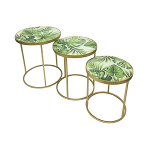 Round modern glass metal side table plant leaf printing Accent Tables for Spaces Living Room decor