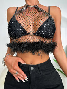 Top à manches longues en <span class=keywords><strong>maille</strong></span> noire avec strass et cristaux, crop top de festival, veste en fausse fourrure à <span class=keywords><strong>maille</strong></span> - Product Image 4