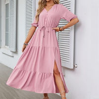 Vente en gros Robe d'été décontractée maxi à manches courtes Robe froncée avec cordon de serrage grande taille Robes longues de couleur unie pour femmes une ligne