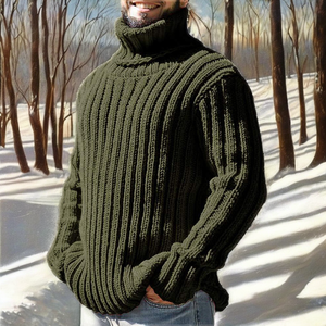 Pull à col roulé pour hommes, couleur unie, coupe ajustée, haut en tricot à la mode pour l'automne et l'hiver, nouveaux vêtements - Product Image 2