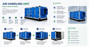 Unité de traitement d'air modulaire commerciale bleue avec sortie de conduit latéral intégrée, isolée sur fond blanc pour affichage CVC - Product Image 6