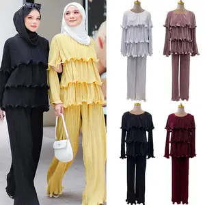 ชุดเสื้ออิสลาม2ชิ้นสำหรับผู้หญิง,ชุดเสื้อและกางเกงขากว้างสไตล์มุสลิม
