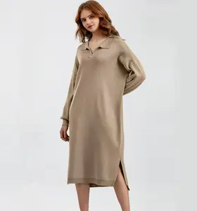 Polo col jupe en tricot lâche grande taille couleur unie lâche décontracté femmes robe en tricot