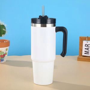 30oz Powder Coated Stainless Steel <b>Travel</b> Tumbler Vacuum Insulated Car <b>Mug</b> <b>With</b> <b>Handle</b> Straw - Product Image 1