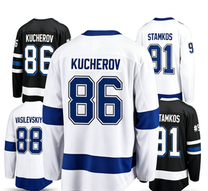 Pour Lightning # 86 Kucherov # 91 Stamkos # 88 Maillot de hockey sur glace Vasilevskiy, cousu, unisexe, court, séchage rapide, bleu, blanc, noir - Product Image 1