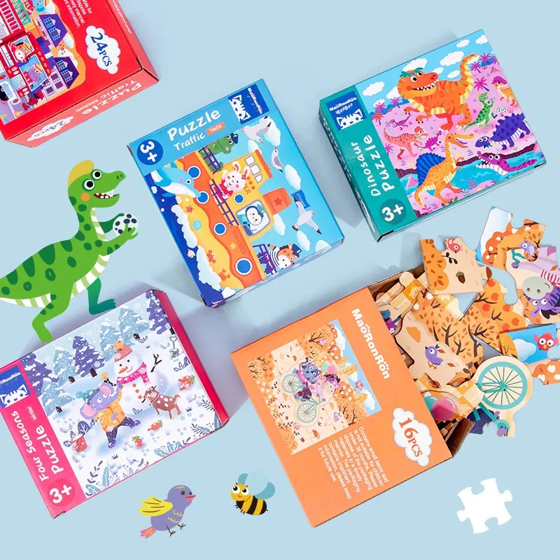 휴대용 선물 박스 4 대 1 퍼즐 어린이 퍼즐 대형 공룡 교통 시즌 고급 퍼즐 보드 나무 장난감