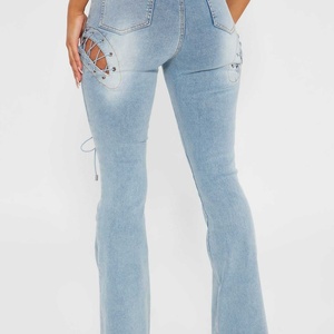 Nuevos Jeans Ajustados de Mujer de Alta Calidad para Otoño, Sexy, de Algodón, con Lavado Ácido, Desgastados, de Talle Alto, Acampanados, con Abertura y Cordón, de Mezclilla - Product Image 2