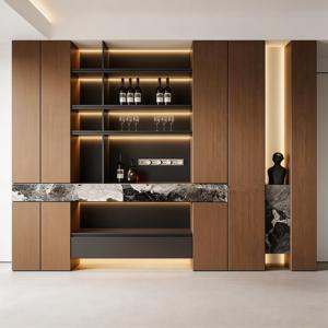 Meuble à vin moderne à LED avec dessus <span class=keywords><strong>en</strong></span> marbre <span class=keywords><strong>noir</strong></span>, étagères ouvertes et tiroirs pour salle à manger minimaliste - Product Image 1