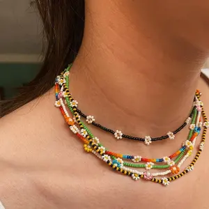 Selling Boho style colorful rice bead necklace Korean version small fresh hand woven flower clavicle chain