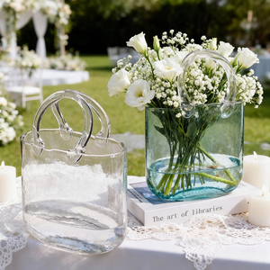 Vase <span class=keywords><strong>en</strong></span> <span class=keywords><strong>verre</strong></span> fait main au design moderne, <span class=keywords><strong>en</strong></span> forme de sac à main à large ouverture, pour fleurs, décoration de table, maison et mariage - Product Image 2