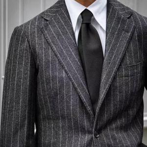 <span class=keywords><strong>Costume</strong></span> en laine gris à fines rayures pour <span class=keywords><strong>homme</strong></span>, tissu flanelle respirant 360g, coupe ajustée, veste croisée, style italien, semi-entoilée, col en V - Product Image 4