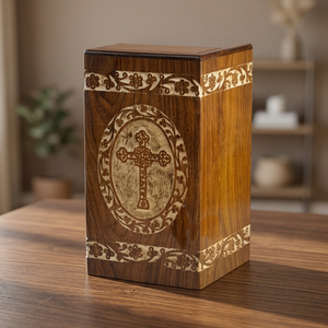 Engraved Cross Antique Memorial Cheap Acacia Wood <b>Casket</b> Box Adults Human Funeral <b>Ashes</b> Cremation Urns American Style Storage - Product Image 2