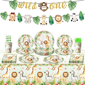 Ensemble de décoration de table pour fête sur le thème des animaux de la jungle Wild One, assiettes, gobelets, serviettes jetables, décoration d'anniversaire pour enfants, 1er anniversaire - Product Image 2