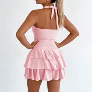 Vestido Mini Halter con Volantes Escalonados para Mujer - Vestido de Fiesta de Verano sin Mangas Ajustado a la Cadera, a la Moda - Product Image 4