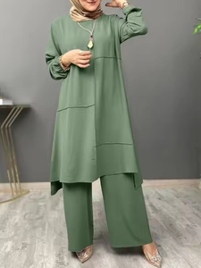 Ropa deportiva urbana de dos piezas para mujeres musulmanas, camisa elegante con mangas abullonadas, pantalones anchos a la moda. - Product Image 4
