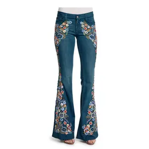 European and American style women's jeans embroidered slim fit washed flared jeans for women