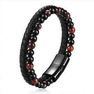 <b>Beaded</b> <b>Bracelet</b> 14mm Stainless Steel Natural Tiger Eye Genuine Leather Hand Woven Design For Women Gift Jewelry - Product Image 3