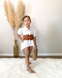 Robe chemise ample à col rond et revers, unie, à manches courtes, style été, pour filles, avec ceinture en PU - Product Image 5