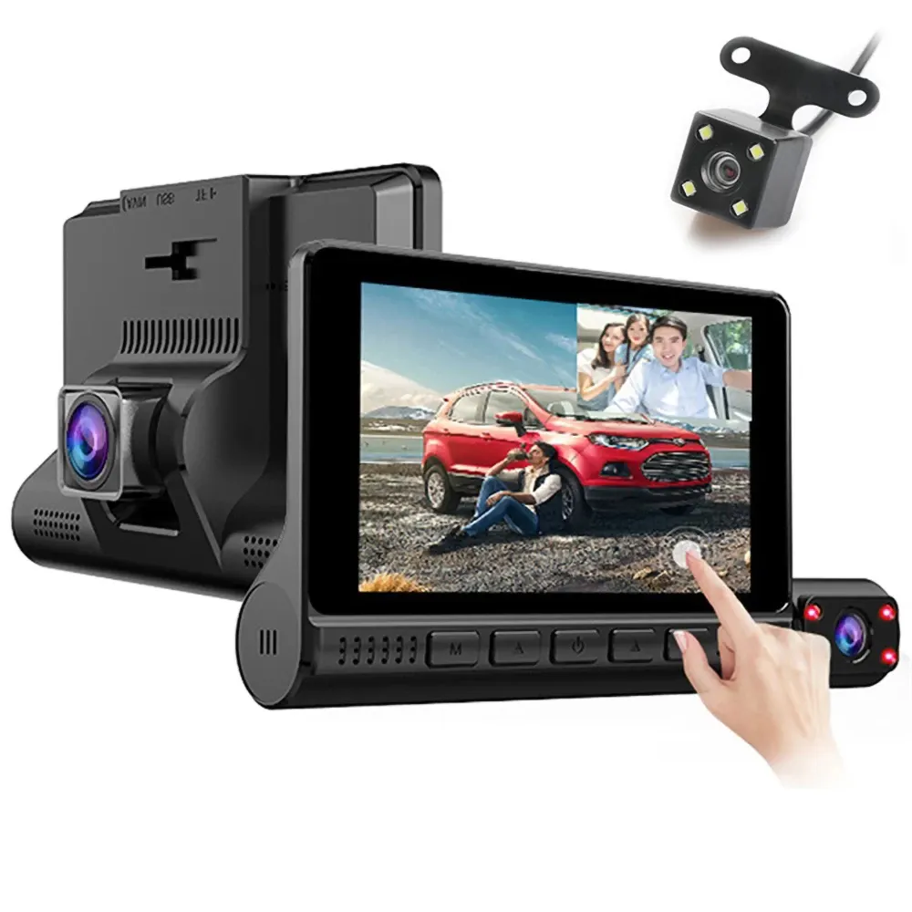 Écran tactile LCD 4 pouces 3 caméras enregistrement objectif 1080P g-sensor Vision nocturne outils du véhicule boîte noire NVR WDR vidéo voiture Dash Cam