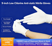 Gants jetables en nitrile à faible teneur en chlore, antistatiques et sans poussière, pour salles blanches, usines, industrie électronique, protection en gros
