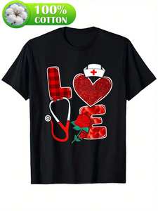 เสื้อยืดพยาบาลลายหัวใจพร้อมหูฟังแพทย์ ผ้าฝ้าย 100% น้ำหนัก 180 กรัม สีแดงกลิตเตอร์ ของขวัญวาเลนไทน์สำหรับบุคลากรทางการแพทย์ คอกลมลำลอง - Product Image 1