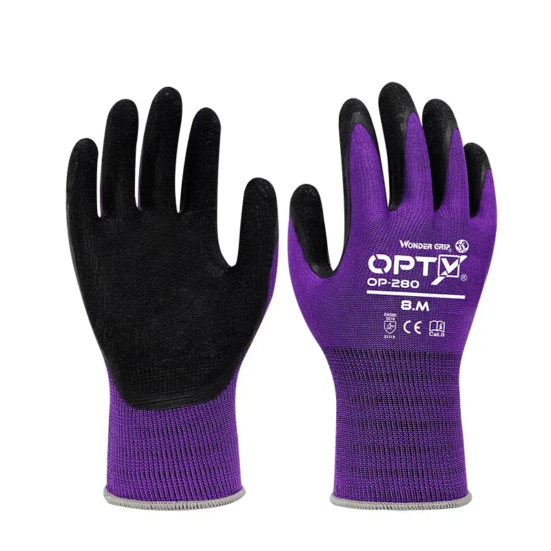 OP-280 universal latex work gloves that provide excellent anti-slip effect purple Polyester latex anti-slip gloves