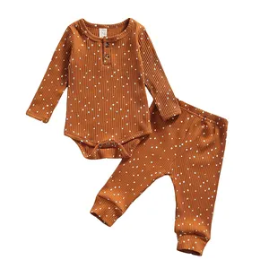 Unisex bebek erkek kız dalga noktası giysileri Set Toddler bebek nervürlü örgü pamuklu uzun kollu tişört Romper pantolon seti