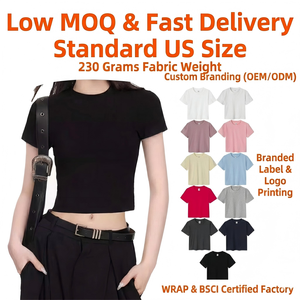 T-<span class=keywords><strong>shirt</strong></span> court pour <span class=keywords><strong>femme</strong></span> 230 g/m² en coton et élasthanne, coupe ajustée, manches courtes, style vintage, taille haute, <span class=keywords><strong>tee</strong></span>-<span class=keywords><strong>shirt</strong></span> moulant, logo personnalisé, vente en gros - Product Image 1